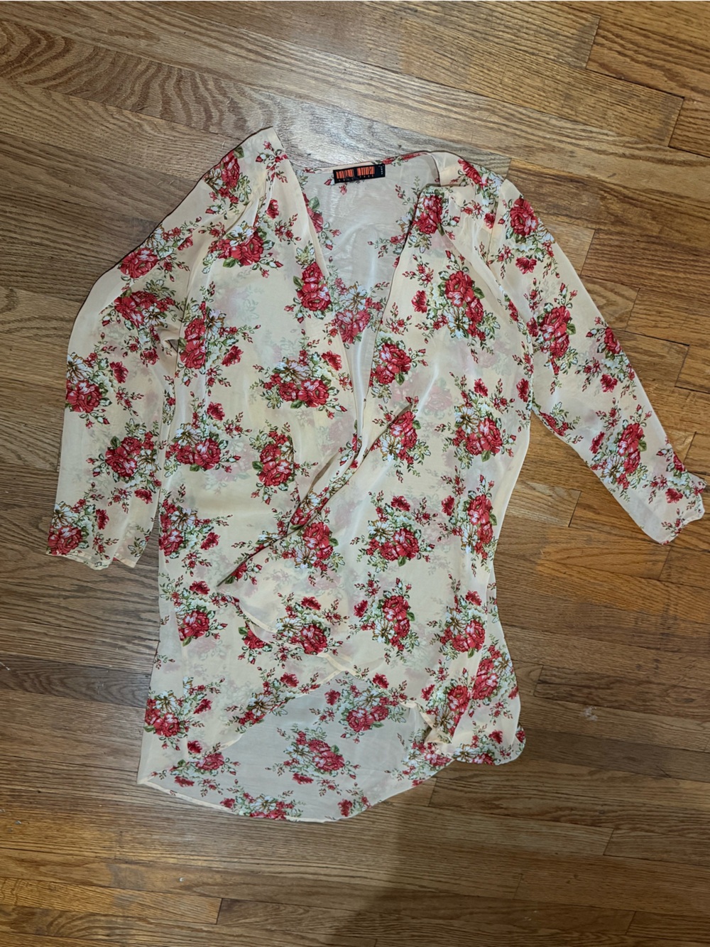 Love Tree Floral Wrap Open Front Cream with Pink Rose Print Size S